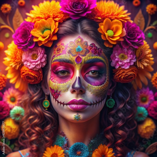 Wallpaper Mural A woman is adorned with intricate Día de los Muertos face paint, which features vibrant, symmetrical patterns and a delicate skull design. Torontodigital.ca