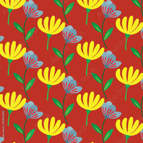 Discover vibrant vector patterns with red and yellow floral designs, featuring intricate leaves and seamless double patterns. Ideal for adding bold, colorful accents to your creative projects.