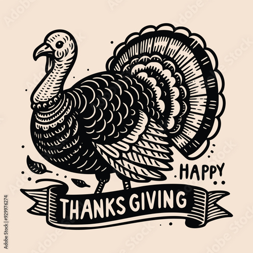 Happy thanksgiving day, vintage drawing of a turkey with a label that says happy thanksgiving, vector illustration