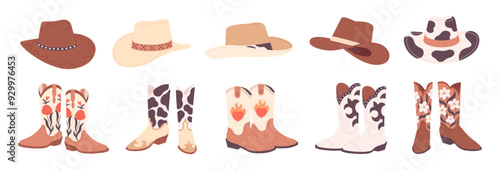Cowboy accessories. Traditional hats and boots, wild west fashion style. Cowboys shoes with ornaments and embroidery, racy vector elements