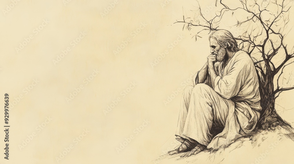 Fototapeta premium Biblical Illustration of Job’s Desire for Relief - Job Seated Under a Withered Tree, Reflecting on Life’s Fleeting Nature and Hoping for Relief, Beige Background