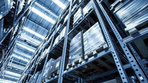 Warehouse storing goods on industrial shelves reaching high up to the ceiling