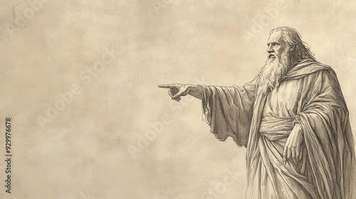 Biblical Illustration of Bildad’s Final Speech - Bildad Pointing to Earth, Emphasizing Human Frailty and Inability to Stand Justified Before God, Beige Background photo