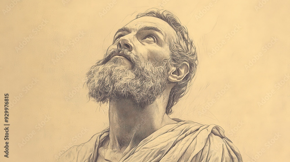 Fototapeta premium Biblical Illustration of Job Concluding His Reflection on the Hymn to Wisdom, Recognizing that True Wisdom Lies in Fearing the Lord, Beige Background