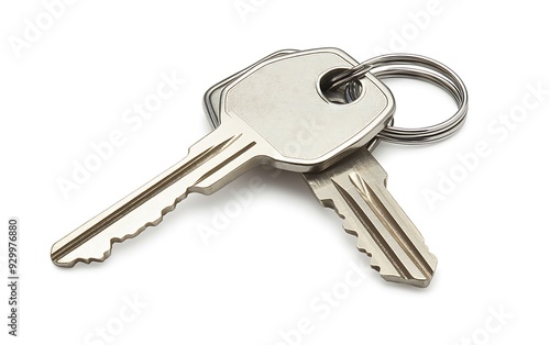 Two silver keys on a keyring isolated on a white background.