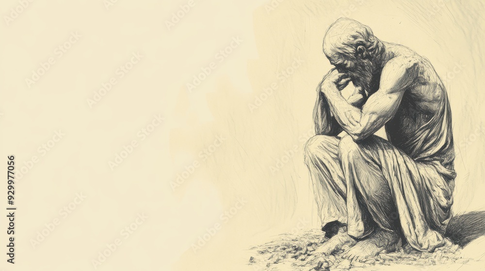 Fototapeta premium Biblical Illustration of Job’s Plea for Understanding - Job Sitting in Ashes, Filled with Sorrow and Confusion, Pleading for an Explanation from God, Beige Background