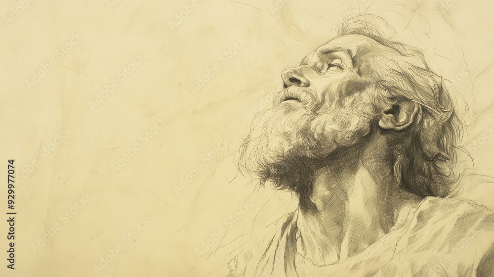 Fototapeta premium Biblical Illustration of Job Concluding His Final Discourse with Sorrow, Hope, and Faith in God’s Ultimate Justice, Beige Background