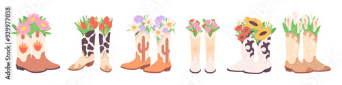 Decorative cowboy boots bouquets. Flowers in shoes, garden decoration elements. Western style, fashion accessories for home, racy vector set