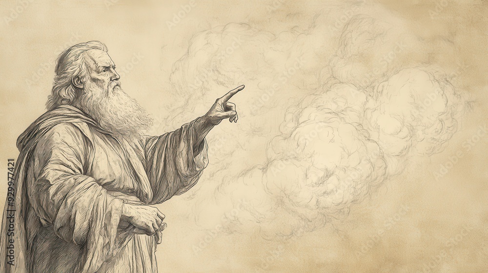 Fototapeta premium Biblical Illustration of Zophar’s Second Speech - Zophar Pointing Toward the Earth, Speaking of the Fleeting Nature of the Wicked’s Wealth, Beige Background