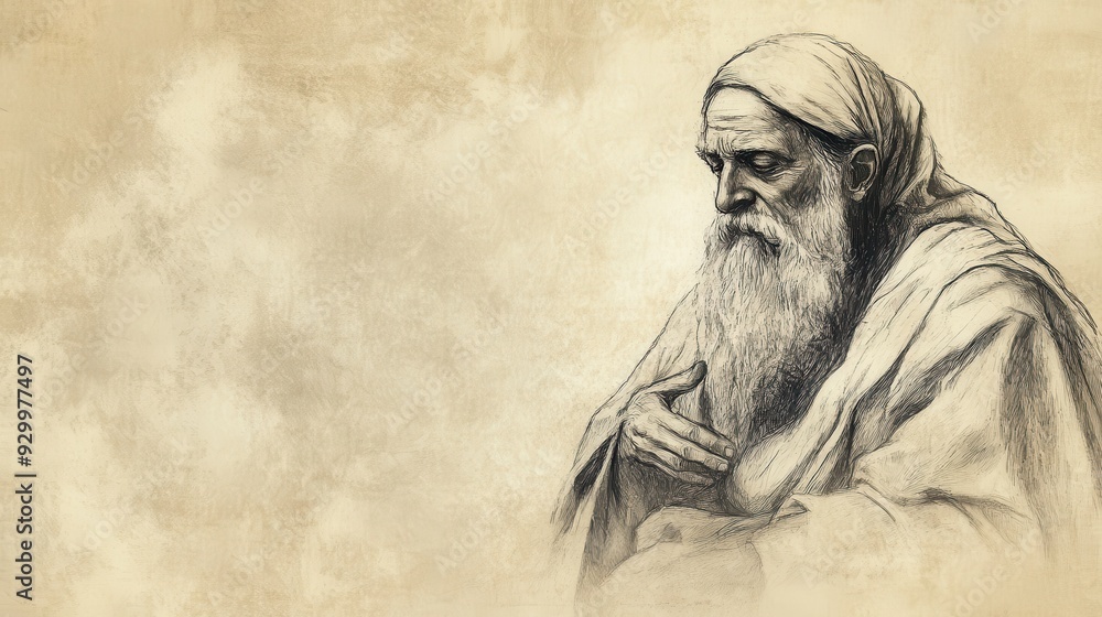 Fototapeta premium Biblical Illustration of Eliphaz Speaking to Job - Eliphaz Offering Words of Counsel and Warning, Reflecting His Concern for Job, Beige Background