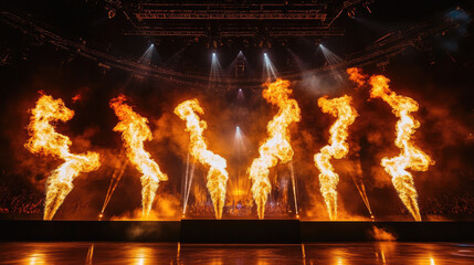 Fire columns erupting from stage during show