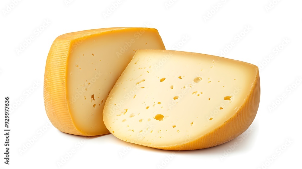 Two slices of yellow cheese with holes isolated on white background. Two slices of yellow cheese with holes isolated on white background.