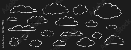 Set of crayon abstract clouds. Hand drawn cartoon overcast sky. Vector illustration of collection of black eddy on white background. Imitation of children drawing with pencils contour design element.