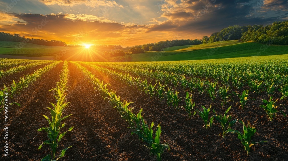 A scenic sunset over a lush green cornfield with rows of young plants in the countryside. A scenic sunset over a lush green cornfield with rows of young plants in the countryside.