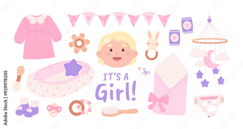 Girl baby elements. Toddler shower party things, newborn female kid clothes and accessories. Bed mobile with toys socks dress, racy vector clipart Girl baby elements. Toddler shower party things, newborn female kid clothes and accessories. Bed mobile with toys socks dress, racy vector clipart