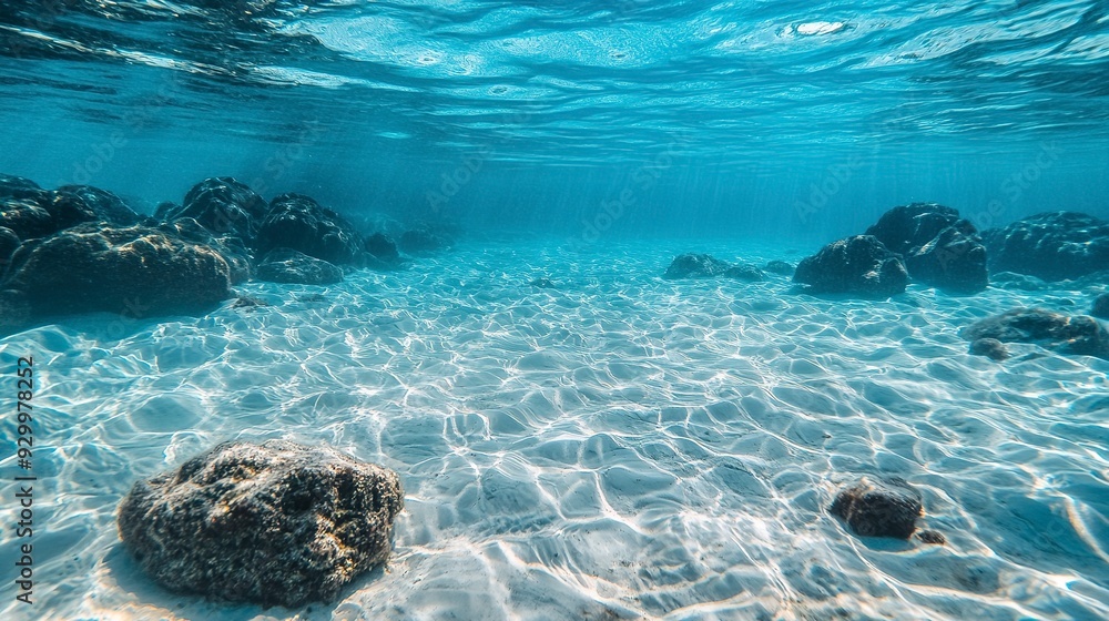 Fototapeta premium The tropical blue ocean of Hawaii is showcased with white sand and underwater stones, creating a serene ocean background