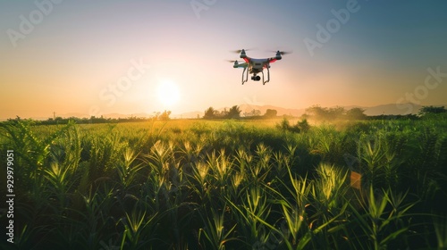 A drone hovers above a lush green field bathed in golden sunrise light, capturing the essence of modern agriculture and technological innovation.