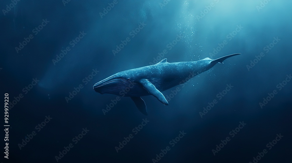 Fototapeta premium A blue whale swims alone in the deep ocean