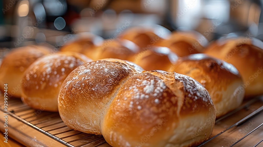Freshly baked bread cooling on a rack. Generative AI. Freshly baked bread cooling on a rack. Generative AI.