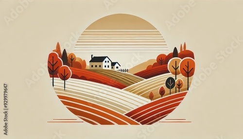 Simplistic Autumn Countryside Landscape with Rolling Hills and Farmhouse in Warm Earth Tones, Reflecting the Calm and Beauty of Rural Life in a Minimalist Art Style