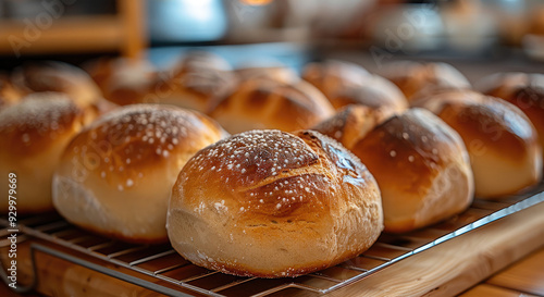 Freshly baked bread cooling on a rack. Generative AI.