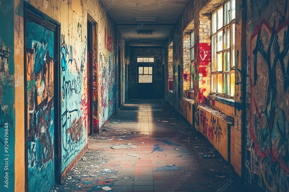 Fototapeta premium Urban Decay: Graffiti in Abandoned School Hallways