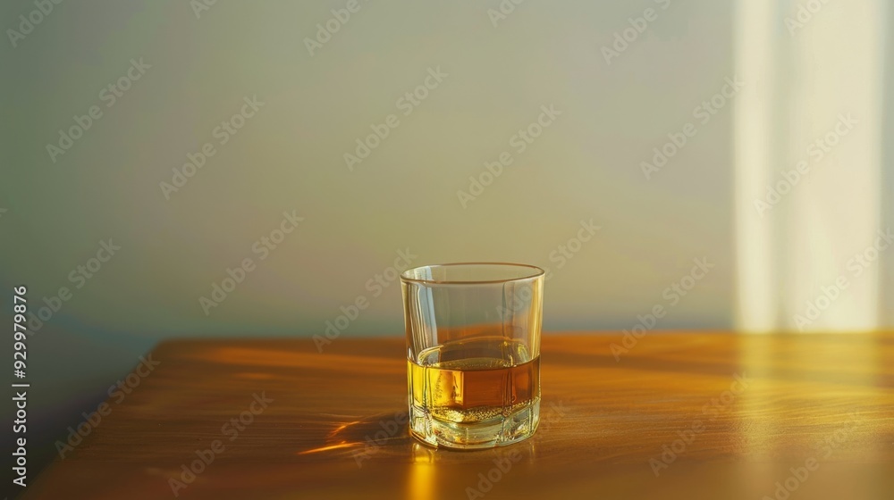 A glass of whiskey half-full, placed on a wooden table bathed in soft, warm sunlight. A glass of whiskey half-full, placed on a wooden table bathed in soft, warm sunlight.