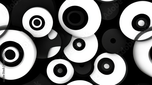 seamless pattern, A captivating abstract design featuring various circular shapes in black and white, perfect for modern art or background use.