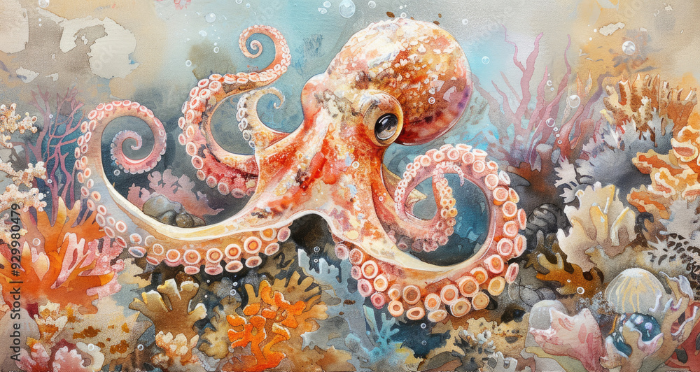Obraz premium An octopus in a vibrant coral reef, painted in watercolors.