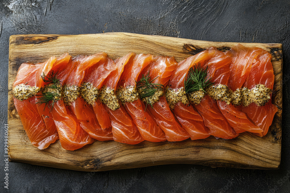 Elegant Gravlax Served with Dill and Mustard on Wood Elegant Gravlax Served with Dill and Mustard on Wood