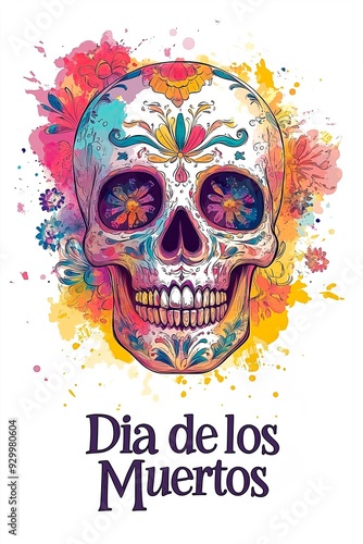 Colorful sugar skull illustration celebrating Día de los Muertos with vibrant floral designs and lively colors