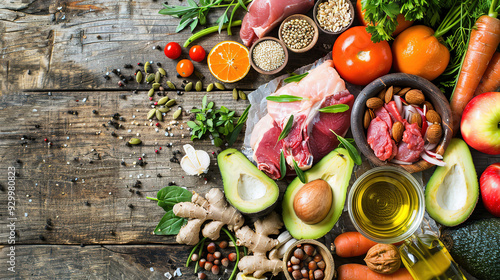Various healthy foods, such as colorful fresh vegetables and fruit with meat or fish, arranged on the table.