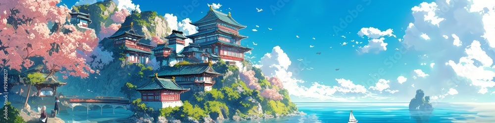 Obraz premium Enchanting Japanese Fantasy Adventure: Vibrant Anime-Style Digital Art Showcasing Ancient Architecture and Cultural Wonders. Perfect for Game Design, Tourism Marketing, UI Elements, and 4K Wallpapers.