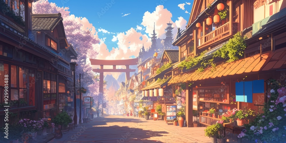 Obraz premium Enchanting Japanese Fantasy Adventure: Vibrant Anime-Style Digital Art Showcasing Ancient Architecture and Cultural Wonders. Perfect for Game Design, Tourism Marketing, UI Elements, and 4K Wallpapers.