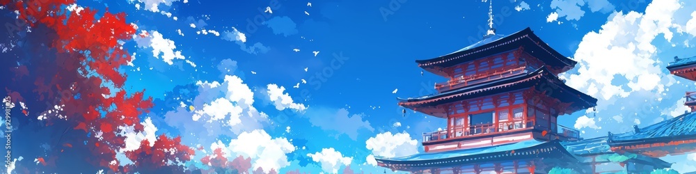 Obraz premium Enchanting Japanese Fantasy Adventure: Vibrant Anime-Style Digital Art Showcasing Ancient Architecture and Cultural Wonders. Perfect for Game Design, Tourism Marketing, UI Elements, and 4K Wallpapers.
