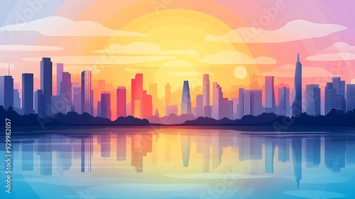 Wallpaper Mural Cityscape Sunset Reflection with Colorful Sky Torontodigital.ca