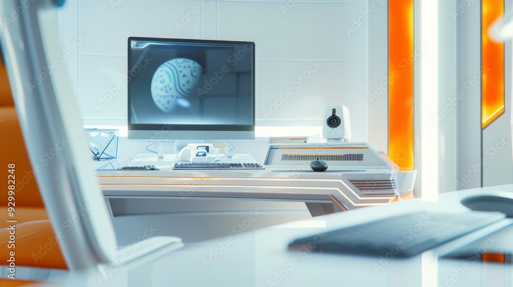 A high-tech, futuristic office with a large screen displaying a brain image, sleek gadgets, and bright orange and white decor. A high-tech, futuristic office with a large screen displaying a brain image, sleek gadgets, and bright orange and white decor.