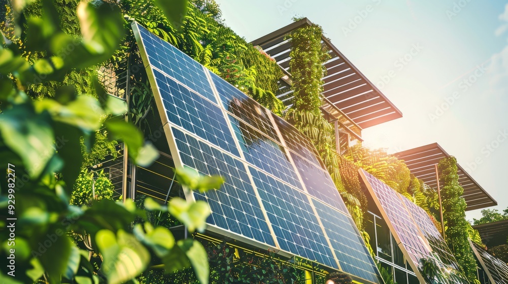 Fototapeta premium Solar panels integrated into a lush green outdoor setting demonstrate sustainable energy within an urban landscape.