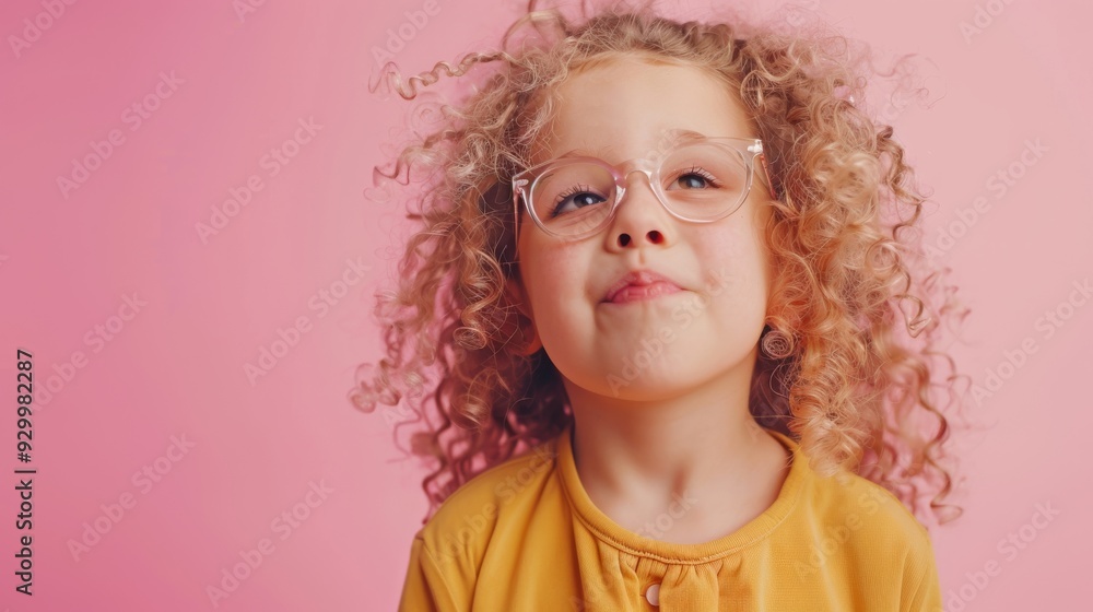 A curly-haired child with clear glasses and a yellow shirt looks upward with a dreamy expression against a soft pink background. A curly-haired child with clear glasses and a yellow shirt looks upward with a dreamy expression against a soft pink background.