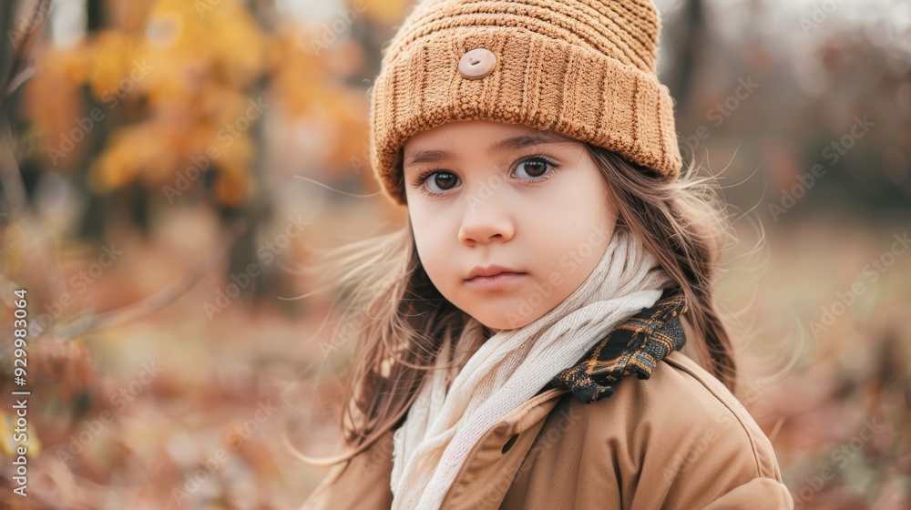 A little girl in a brown coat and knit hat stands in a fall setting, her big eyes filled with wonder as autumn leaves create a warm and cozy backdrop. A little girl in a brown coat and knit hat stands in a fall setting, her big eyes filled with wonder as autumn leaves create a warm and cozy backdrop.