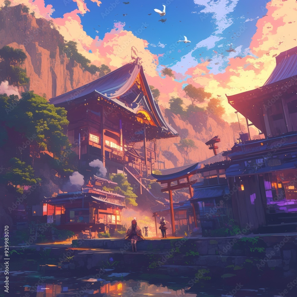 Obraz premium Enchanting Japanese Fantasy Adventure: Vibrant Anime-Style Digital Art Showcasing Ancient Architecture and Cultural Wonders. Perfect for Game Design, Tourism Marketing, UI Elements, and 4K Wallpapers.