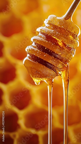 Honey drizzling from honey comb . Closeup macro shot. Generative Ai photo