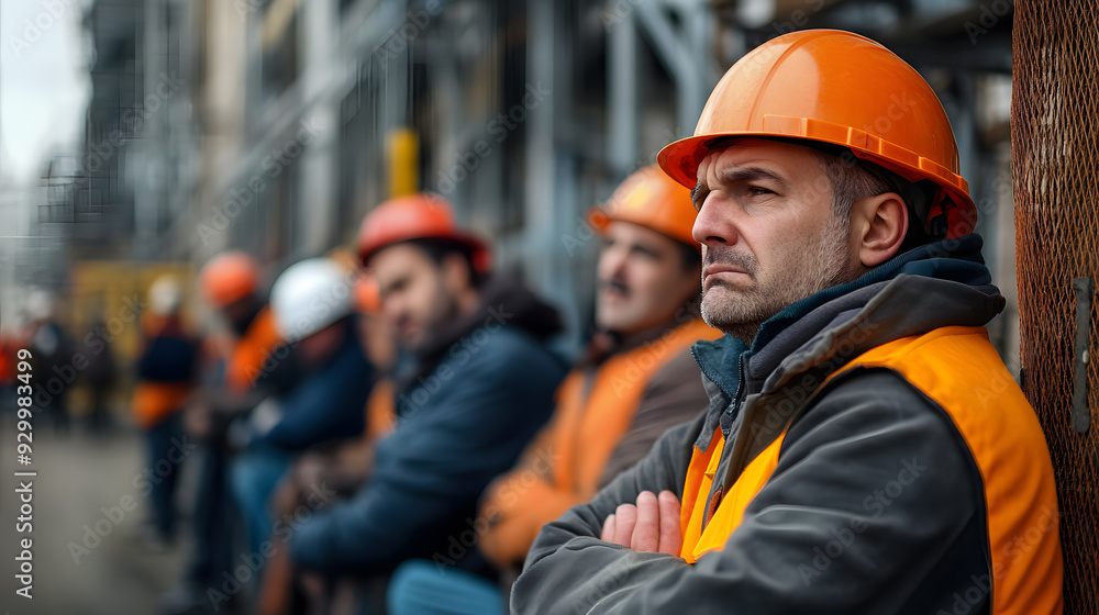 Workers with worried faces outside a closed factory Workers with worried faces outside a closed factory