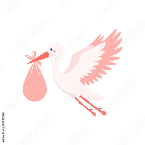 Stork Carrying Baby Bundle Vector Illustration