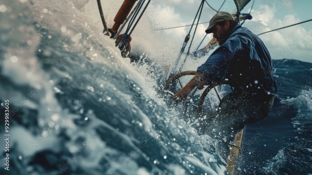 Naklejka premium A sailor battling rough seas, gripping the wheel of a sailboat, embodying perseverance and adventure amid the dynamic ocean waves.