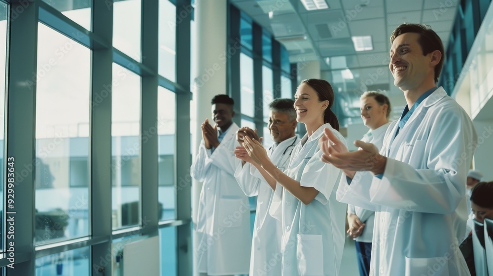 A group of medical professionals in white lab coats clapping and smiling in a sunlit hospital corridor, celebrating a moment of joy and success. A group of medical professionals in white lab coats clapping and smiling in a sunlit hospital corridor, celebrating a moment of joy and success.