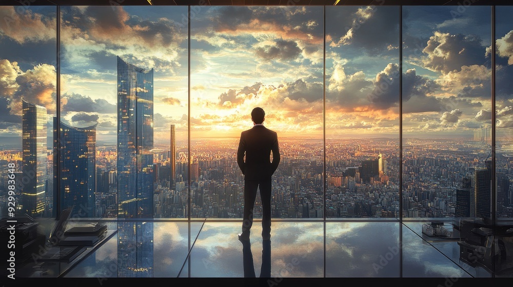 Fototapeta premium A businessman in a modern office, overlooking a sprawling city from above, his gaze full of ambition and dreams touching the sky.