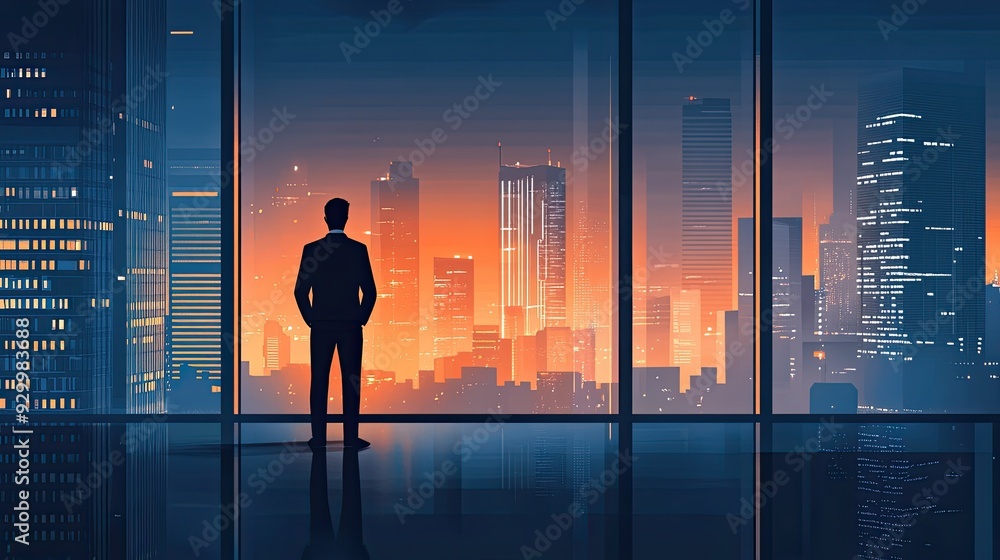 A businessman standing by a window, looking out at a towering cityscape, representing high-reaching aspirations and business goals. A businessman standing by a window, looking out at a towering cityscape, representing high-reaching aspirations and business goals.