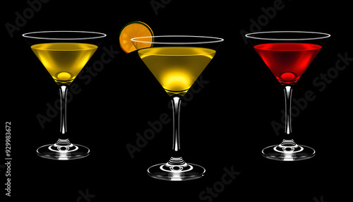 Three classic cocktail glasses isolated with white highlights, png photo