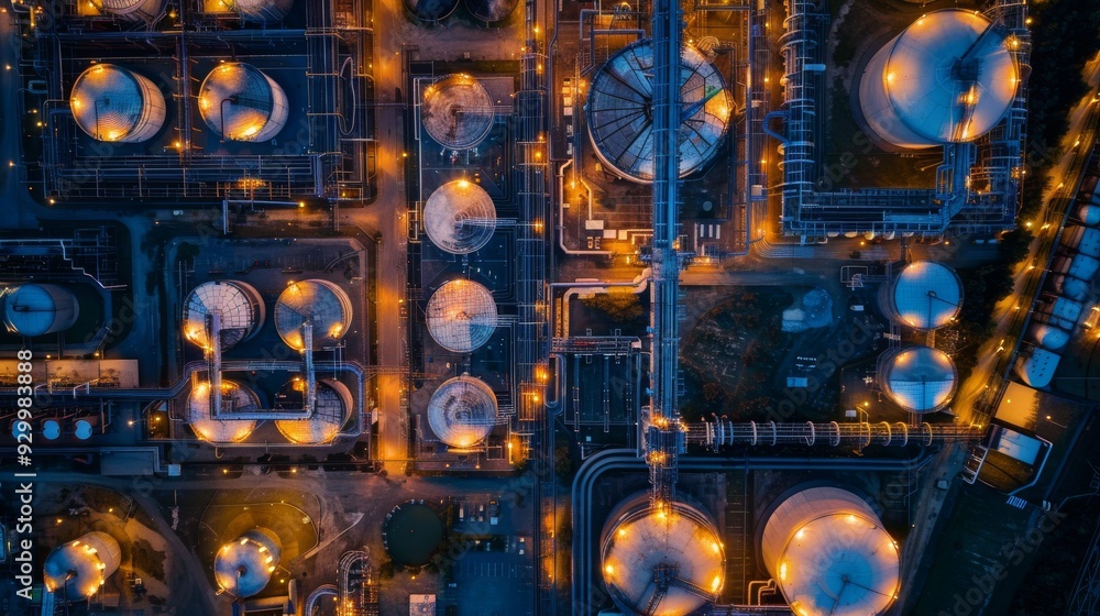Aerial view of an industrial complex at dusk, illuminated by glowing lights creating a maze of pipelines and storage tanks. Aerial view of an industrial complex at dusk, illuminated by glowing lights creating a maze of pipelines and storage tanks.